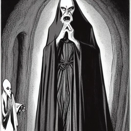 Nosferatu with four yellow eyes with tentacle beard grey skin and vampire fangs as a Russian Orthodox bishop