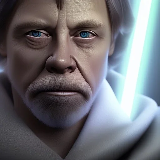 upper body photorealistic jedi mark hamill in Star Wars, sharp blue eyes, photorealistic weathered skin, short hair, dark brown jedi robe, cinematic lighting,