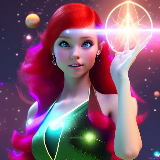 Pretty teenage girl with red hair who is dressed like a space witch casting a spell, girl has green eyes, background is realistic space renditions, egirl dress, full body portrait, arm colors gradient effect into stars, rendered, unity 3d, unreal engine, dslr, hdr, 4k, edited, photorealistic, normal number of appendages, freckles