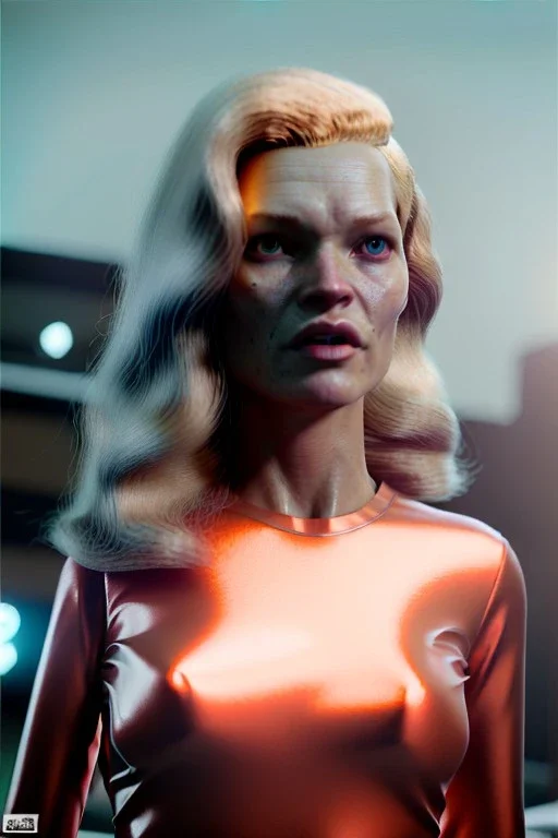 Ultra Realistic retro sci-fi, Supermarket parking scene, 1960 year, blonde woman, sweet young Kate moss face, x ray lights eyes, face makeup, tight latex coat, levitating cars, many panic people, Retro sci-fi style, soft color, highly detailed, unreal engine 5, ray tracing, RTX, lumen lighting, ultra detail, volumetric lighting, 3d, finely drawn, high definition, high resolution.