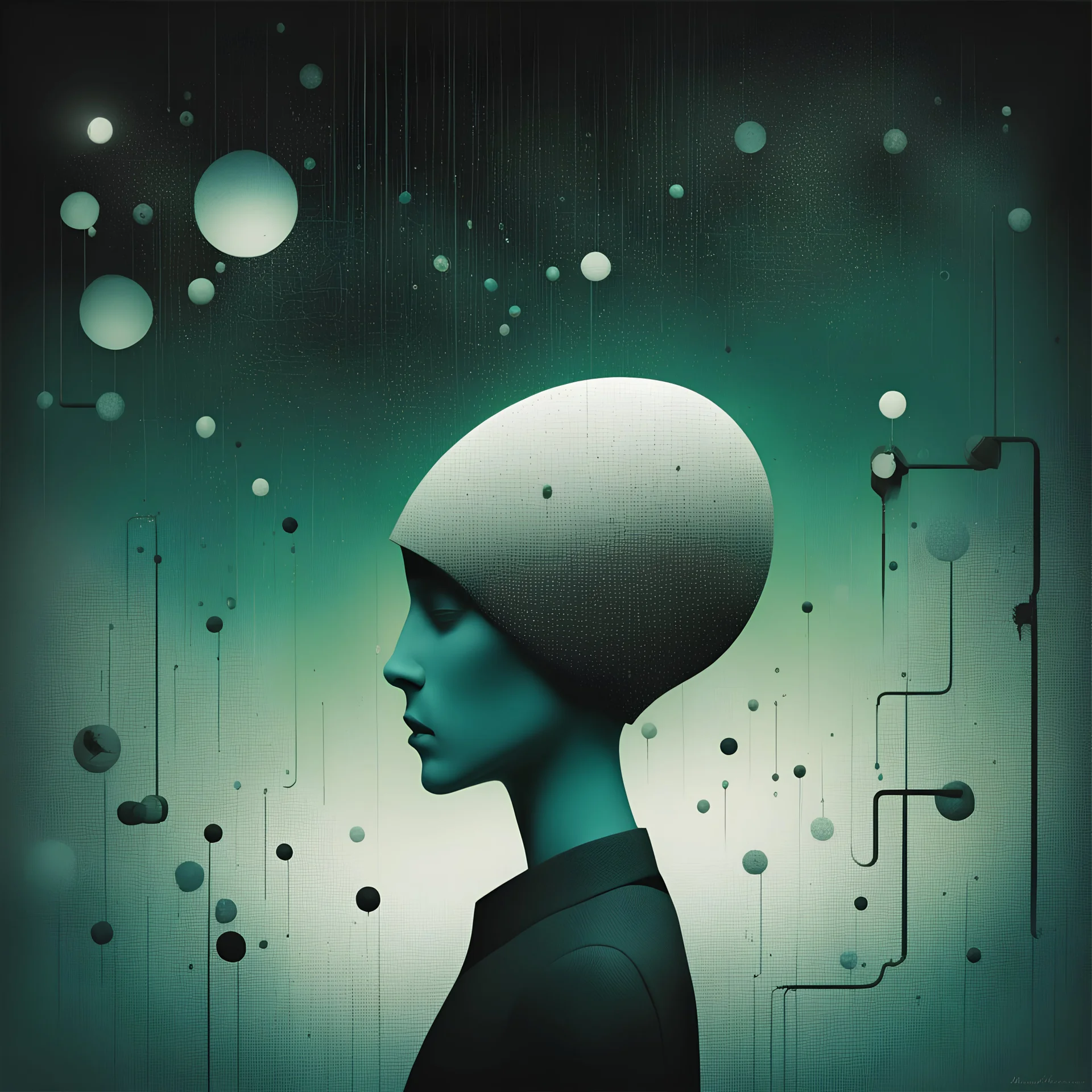 controlling my mind I get the night fever, night fever, Braille language textures, abstract surreal art, graham Sutherland and Anton Semenov and Victor Pasmore, mind-bending illustration; asymmetric, uncanny, sharp focus, smooth, green hues and blue tints, black - white color scheme