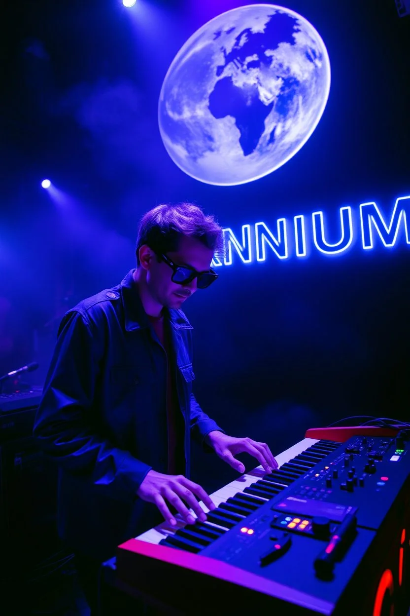 French cool synth player, he is called "Jean-Maurice Brûlée" performing at dance club, his name is "Jean-Maurice Brûlée" , white and blue Neon lights and smog, an earth is projected in background, and "URANIUM" big sign on the wall, he is playing on synthesizers on stage with lot of laser beams and wearing black sunglasses,