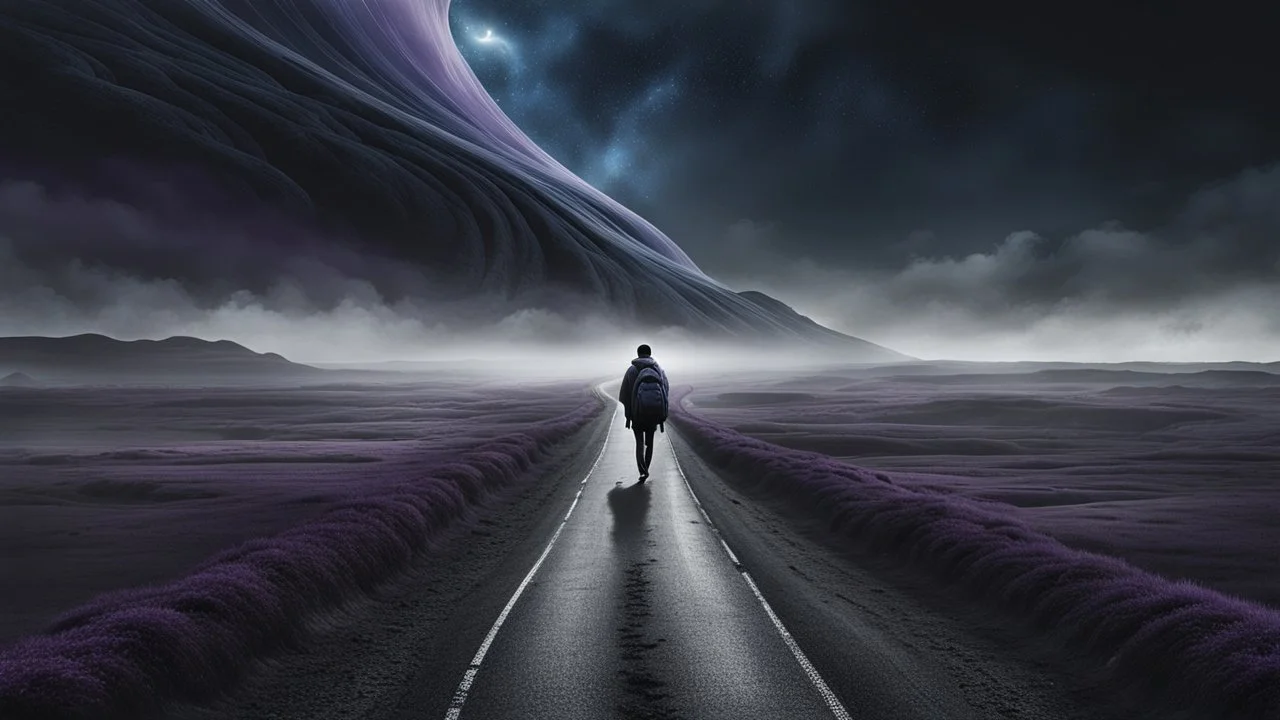 A solitary androgynous figure seen from behind, carrying an oversized heavy backpack, walking alone along a long winding road suspended in a vast dark sky. Surreal abstract dreamscape, the road curving into endless darkness, subtle mist, atmosphere of change, uncertainty and emotional weight, alone caracter, black gray, Dark blue, charcoal and muted purple tones, deep sky, digital art, etheral, atmospheric