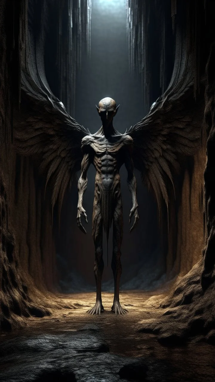 A tall and skinny Angel with wings , thick layer of dark brown corrosion , standing in front of a dark cave entrance behind him ground level , , Bosch painting style , of a nightmare , hyper photorealistic, hyper detailed dark , high resolution, fog, octane render, tilt shift, 8k ,