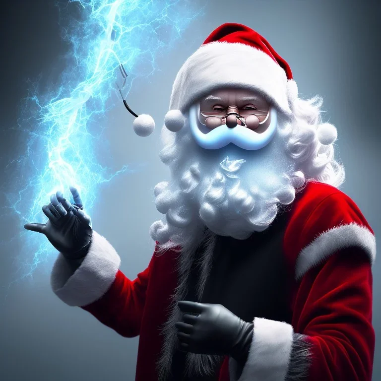 All Black Santa, ghost, wearing high tech mask, white smoke, dark, rage, high definition, ultra 8 k, volumetric lighting, blue fire, fog red rain