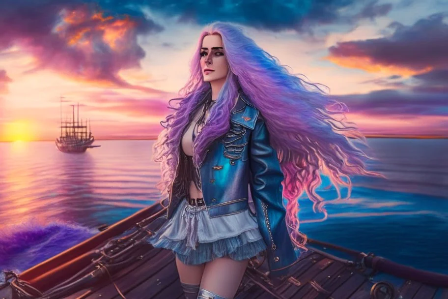 half body shot,realistic portrait of a 20-25 old caucasian model, long blue pink flowing hair, great grey eyes, blue leather jacket,full body, short white skirt,long legs,standing on deck of very big ship, beach of very nice lake with sunset ,clouds,godrayes