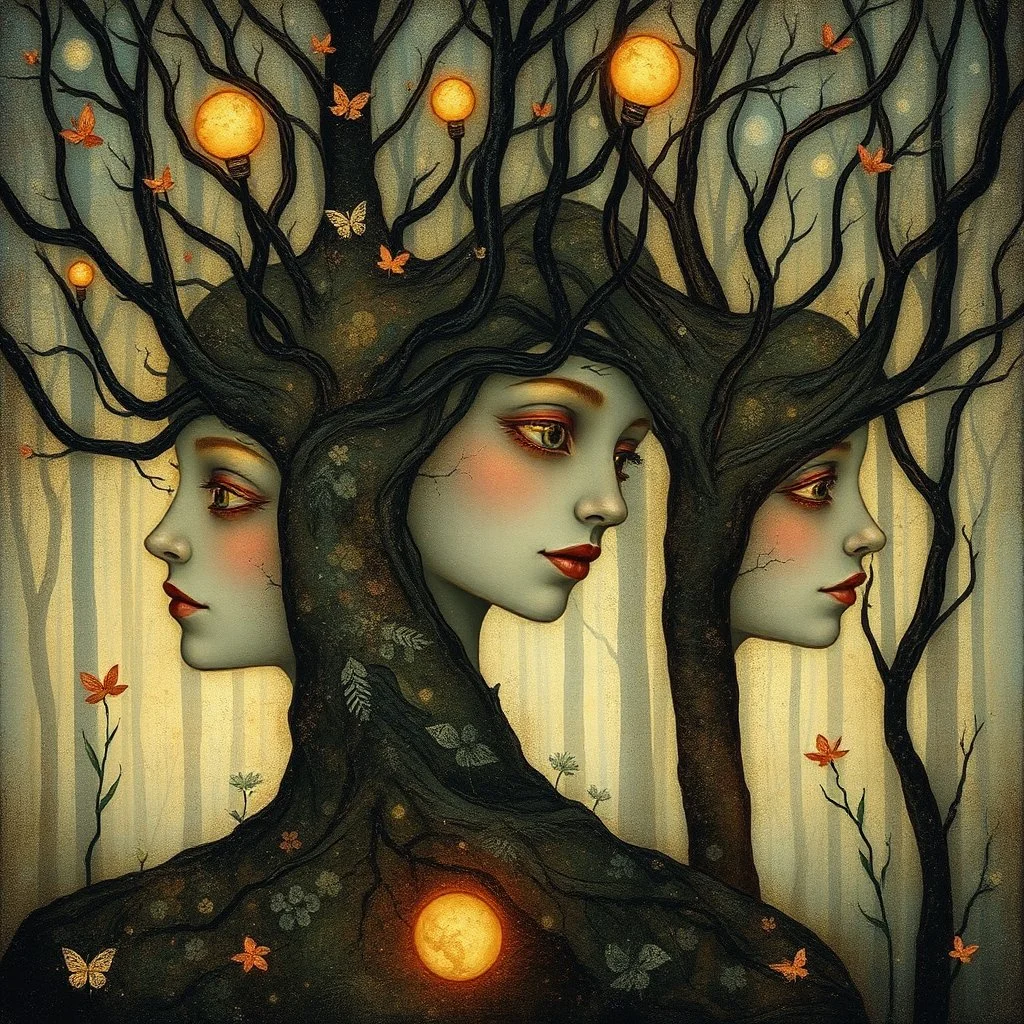 The faces you see in a spring forest... Modifiers: ethereal acrylic art abstract surreal Arthur Rackham Art Nouveau celestial Didier Lourenço Catrin Welz-Stein warm light fractured debeh