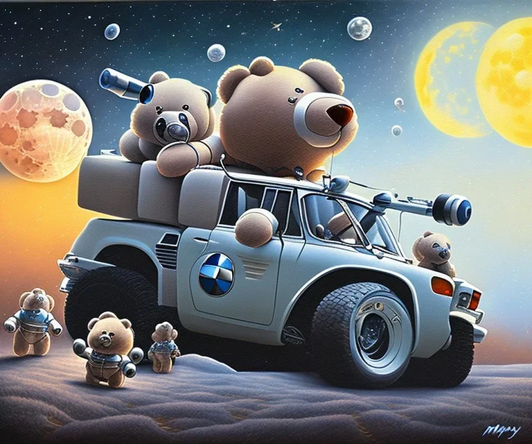 little boy and big teddy bears on moon. drifting in old bmw. oil on canvas