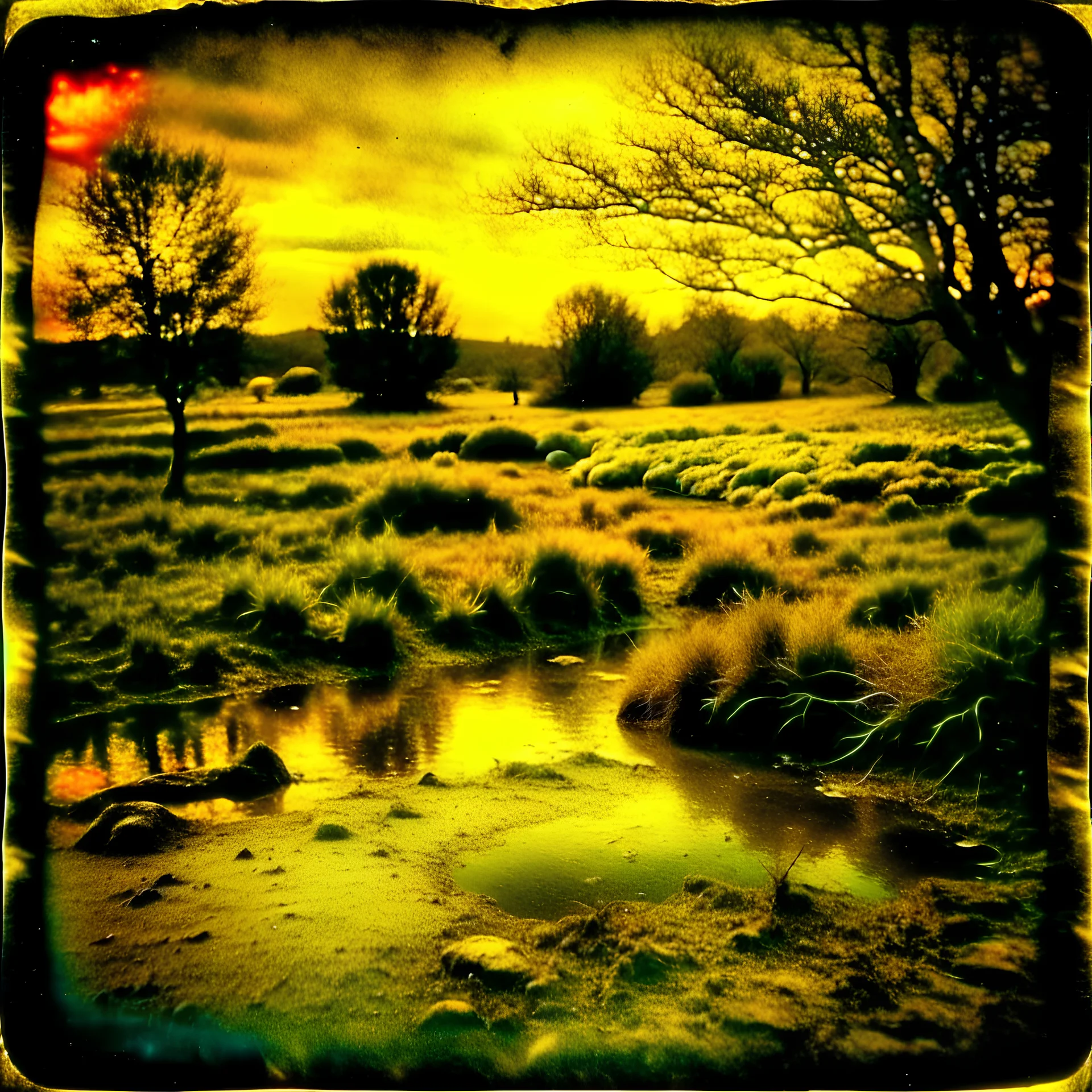 Polaroid detailed spooky landscape strong texture, extreme detail, distress, high contrast, rich colours, Alphonse Mucha