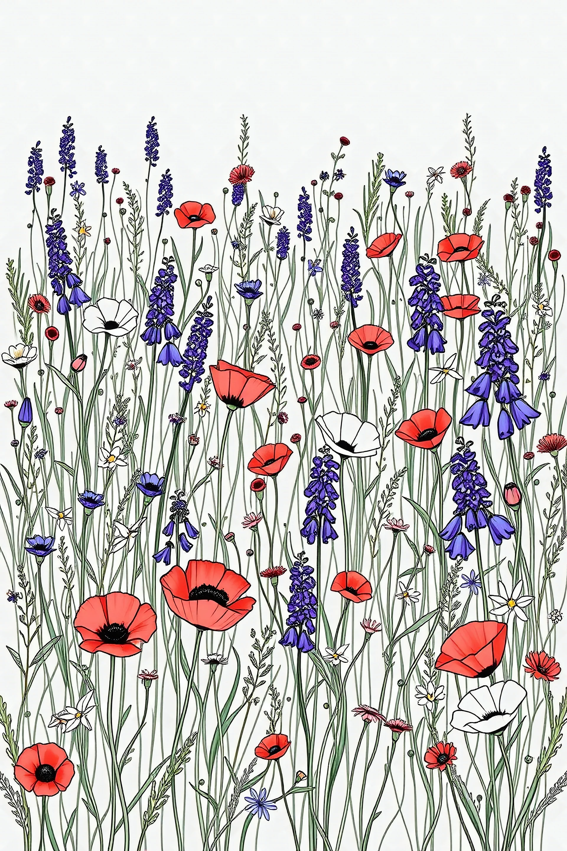 MINIMALIST: Serene Wildflower Field: Illustrate a full-page wildflower field with different types of flowers like lavender, bluebells, and poppies. Arrange the flowers in a natural, scattered pattern, with some flowers larger and closer and others smaller and further away, creating depth and a sense of tranquility for a coloring book on white background