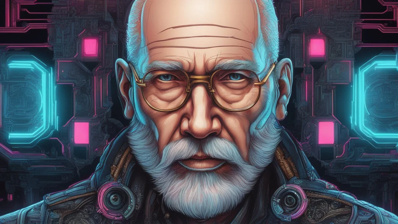 Body part machine Old man, beard, Bald hair, in cyberpunk drawing , neon, intricate details, highly detailed, high details, detailed portrait, masterpiece,ultra detailed, ultra quality