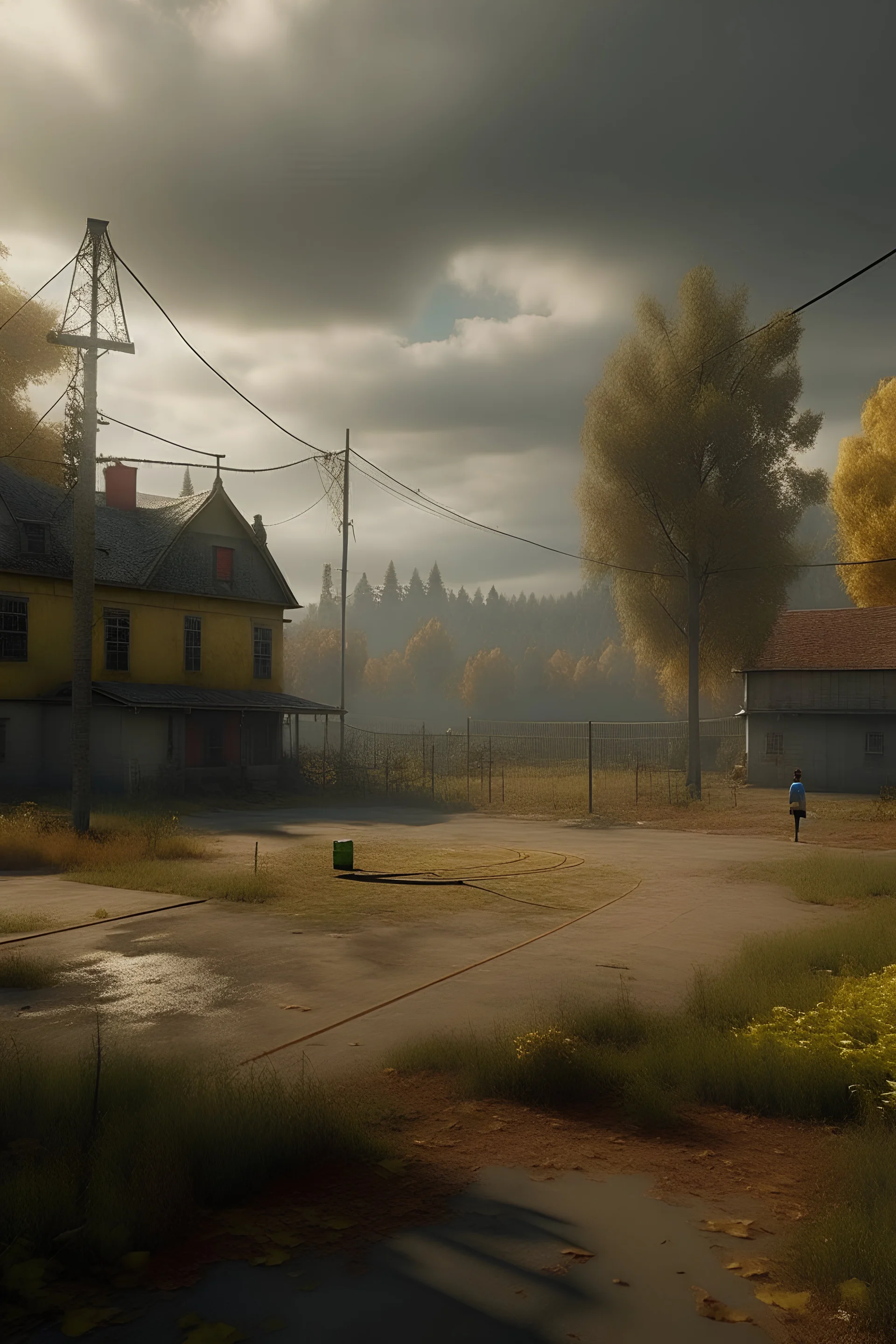 Basketball field in small town near viking structure in ps2 resolution