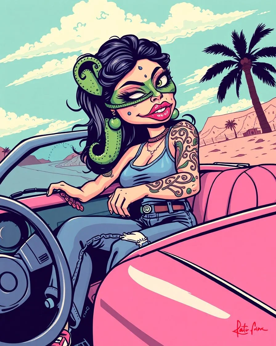 Consuela Mexican woman in a tank-top and jeans, illustrated in a RAT Fink Ed Roth's monsters Style driving a convertible car, big head with small body, cholla with face tattoo, cartoon kissy lips, rat fink t-shirt composition, 2 color silkscreen
