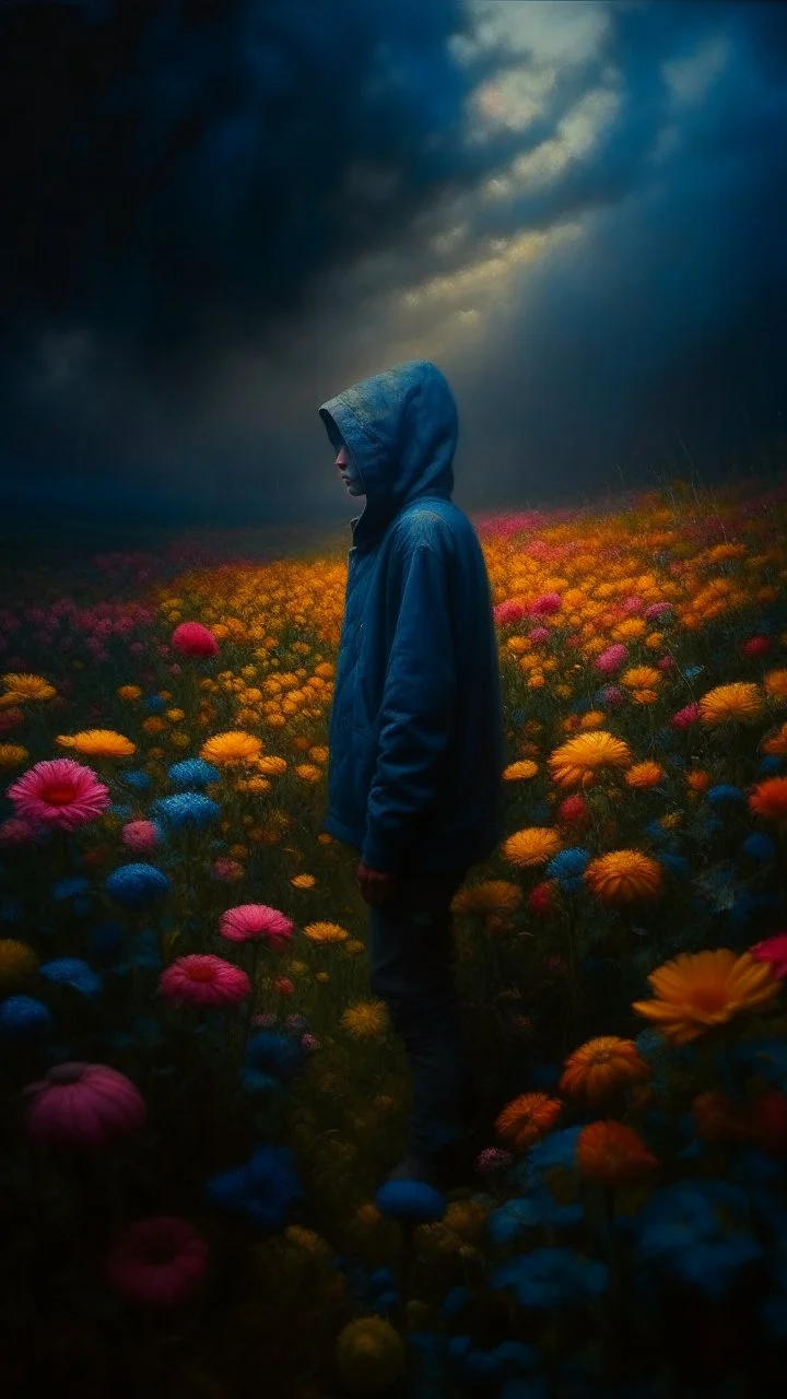 Bosch nightmares paining style Title:a field of beautiful colorful in flowers, a hooded man in the dark standing in the middle , 8k artistic photography, photorealistic concept art, soft natural volumetric cinematic perfect light, chiaroscuro, award-winning photograph, masterpiece, oil on canvas, Raphael, Caravaggio, Greg Rutkowski, people, beksinski, Giger
