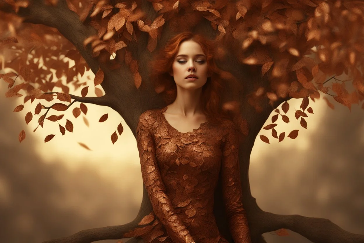 "Young woman covered in tiny copper leaves emerging from a tree, detailed matte painting, deep colour, fantastical, intricate detail