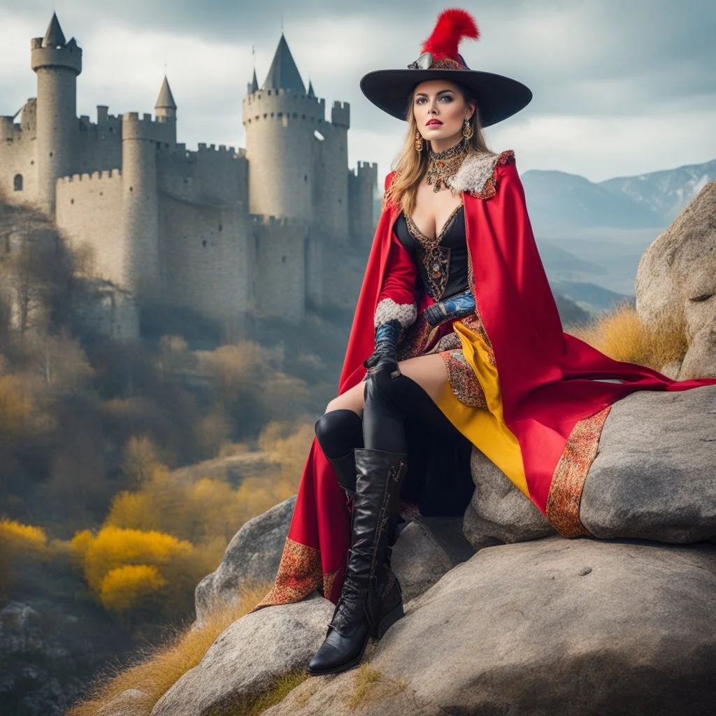 Fantasy royalist woman sits on rocks, she wear exaggerated hat, gloves and boots in leather, and colourful robes. there is a castle in the background