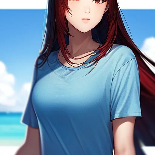 red long haired woman, casual clotting, realistic, HD4k, watery cloud background, close up shot,
