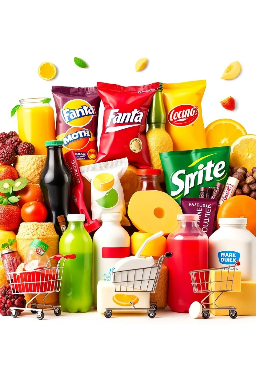 A design filled with various fruit juices, chips, Fanta, Coca-Cola, Sprite, various chocolates, shopping carts, cheese, butter, pasteurized milk, and dairy products in bright, cheerful, and eye-catching colors.