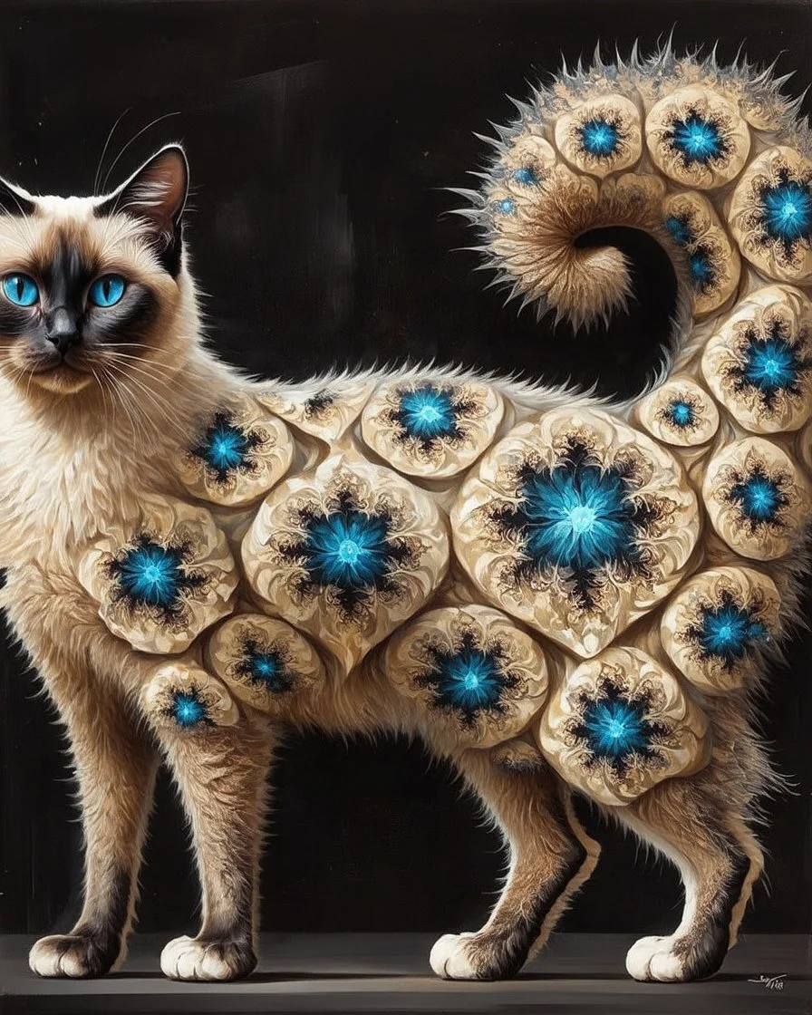 Create a painting of a standing full body blue eyed Siamese cat with fractal patterns in his coat. Bushy tail. Background black. Hyperrealistic.