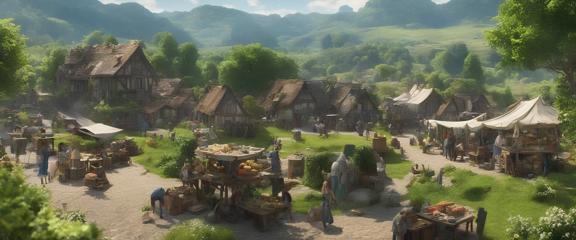 a busy outdoor village market, in a beautiful sunny surreal outdoor countryside summer scene, with distant hills, fields & hedgerows, intricate dwellings with, many pathways & stairways, streams, waterfalls & a waterwheel : very high detail, photorealistic, epic cinematic, 8K, Large depth of field