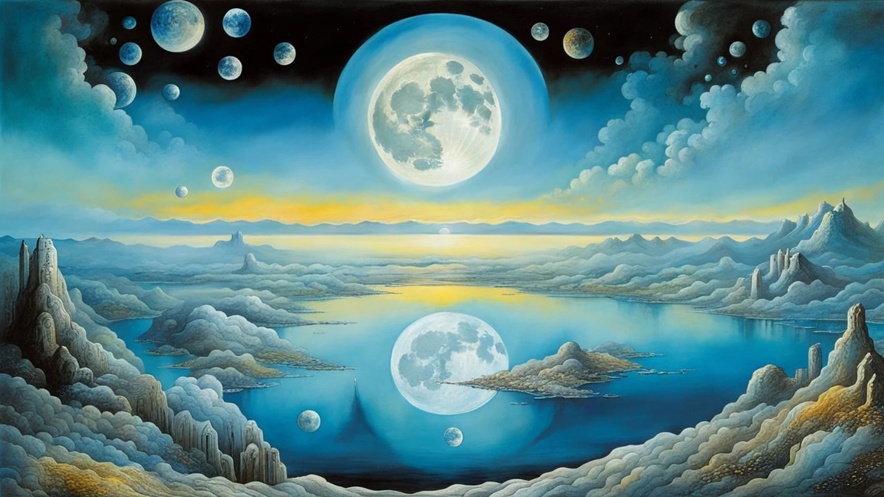 the giant shiny Moon on the sky, atars and glitters on the sky, etheral, mystic art, blue, silver, black colors, ethereal fantasy hyperdetailed mist style by dali, bosch, kandinsky