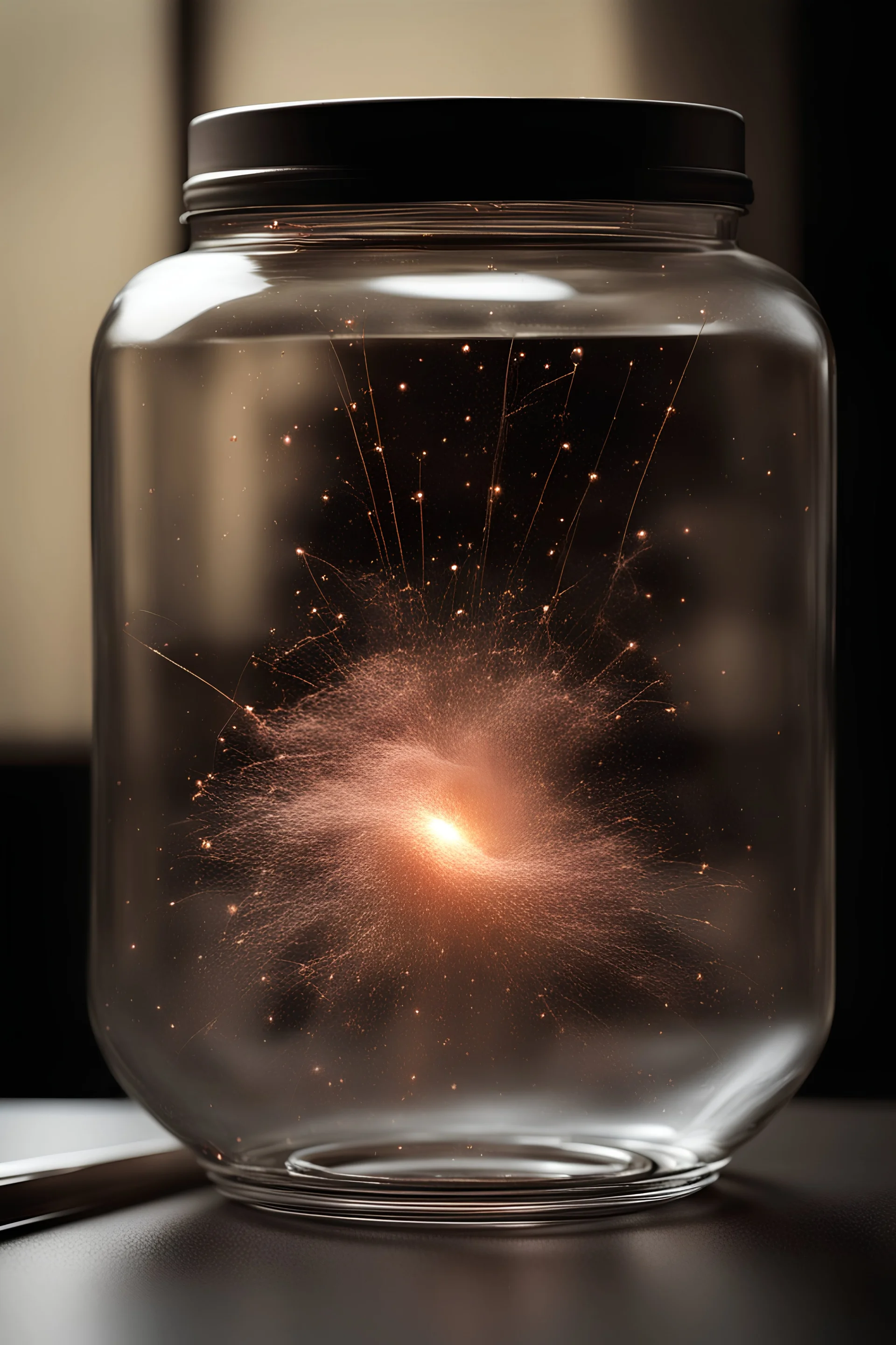 realistic photo of particle collision in a jar