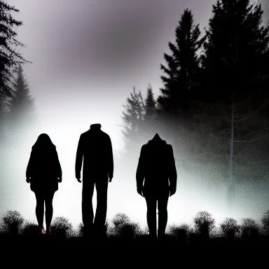 three figures, silhouettes, dark, foggy weather, night, forest, black, horror, art, evil, dark effect, trees, more trees, deep forest, eyes on face, different height,