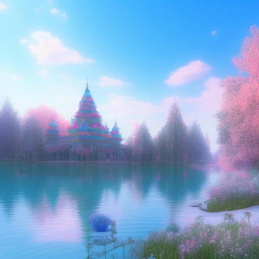 joli petit temple de cristal, lac turquoise, soleil, ciel rose et bleu, lumière, fleurs délicates, ambiance très réelle, 8k, Cinematic lighting. Photorealistic. Dynamic lighting. Imperial colors.