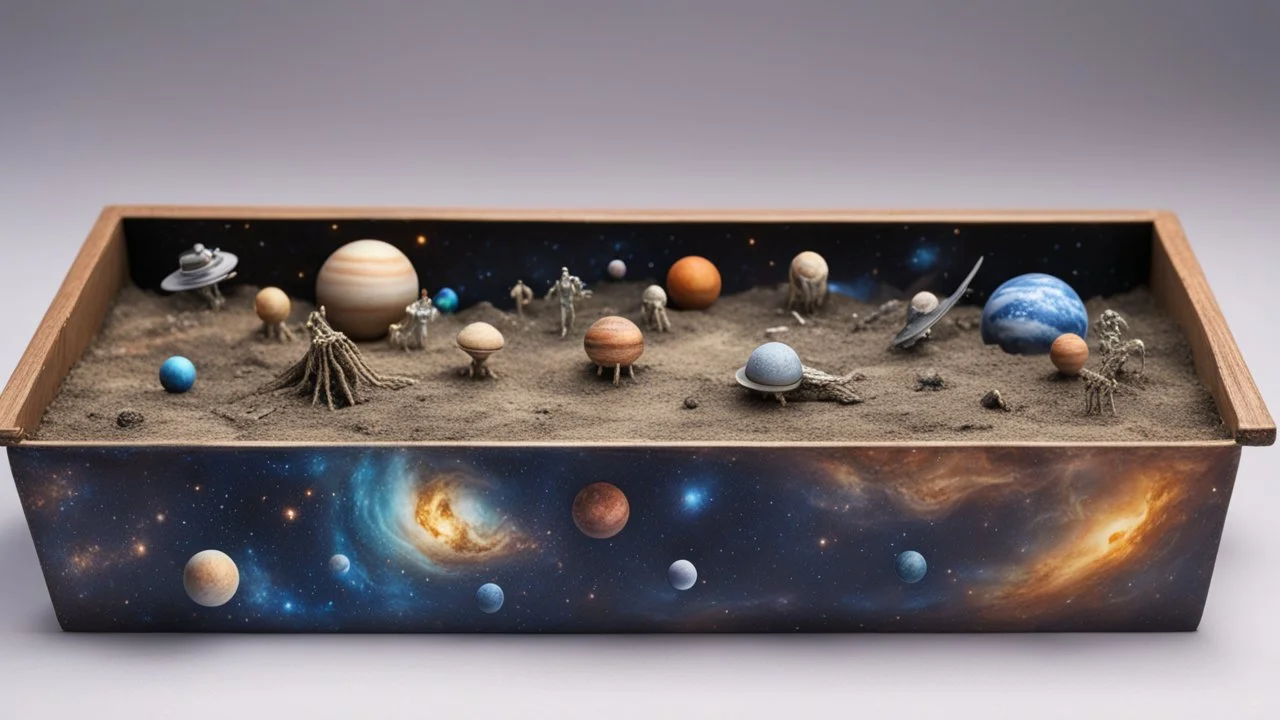 a box 10 cm long by 5 cm wide and 25 cm high, space, planets, aliens, and more beautiful, realistic