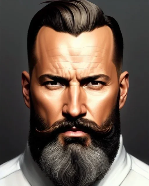 "MIddle aged white human male, with a trimmed but uneven beard, piercing eyes with slick back hair, full-scale head and shoulders portrait, 8k resolution concept art portrait by Greg Rutkowski, Artgerm, WLOP, Alphonse Mucha dynamic lighting hyperdetailed intricately detailed Splash art trending on Artstation triadic colors Unreal Engine 5 volumetric lighting Splash art fantasy"