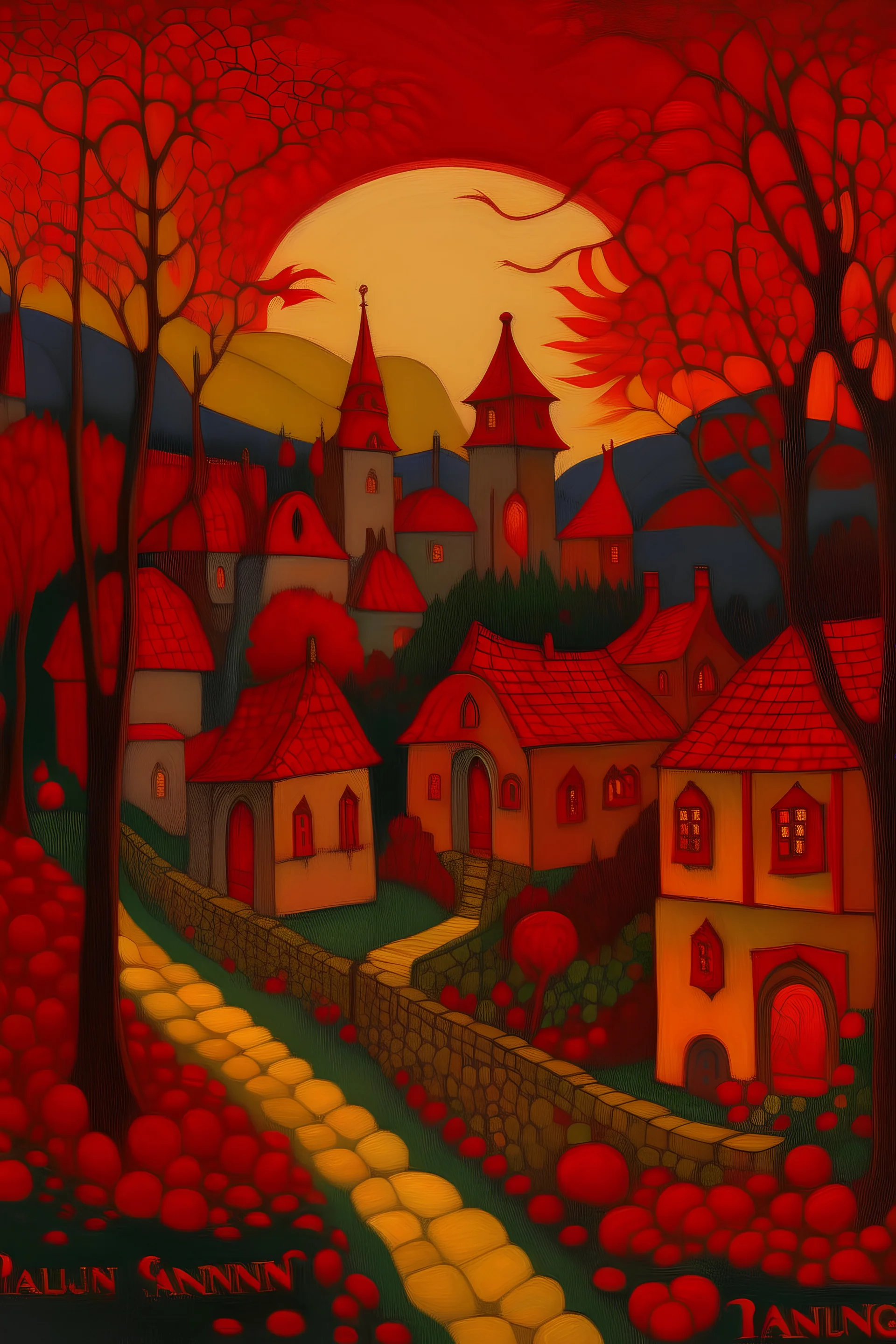 A dark red vampiric village painted by Paul Ranson