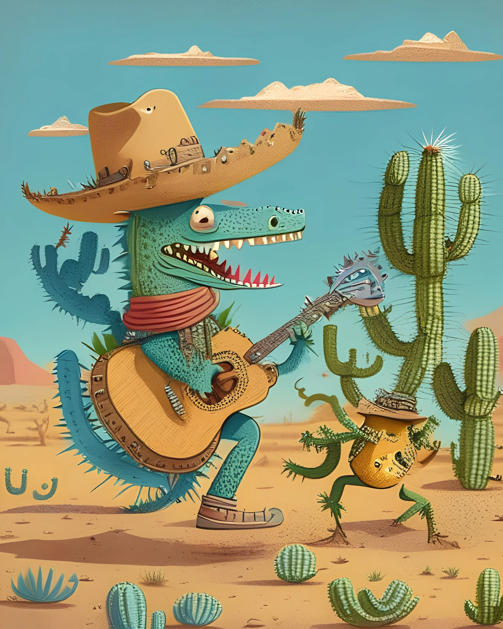 A quirky cactus character wearing a cowboy hat and boots, playing a banjo with a happy desert lizard dancing along to the music.