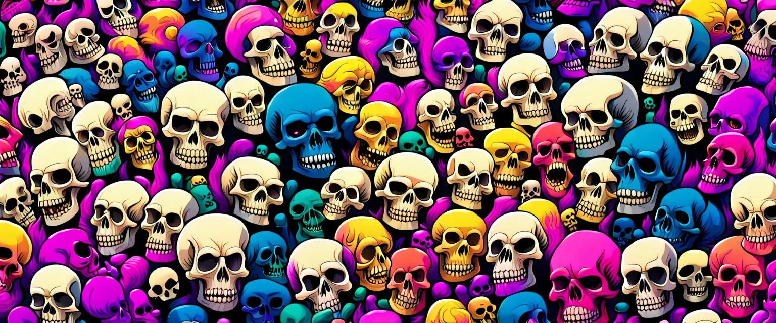 a field of 1000s of cartoonish, anatomically correct, skulls, vivid RANDOM BRIGHT neon colors, dark comedy, well lit, high detail, photorealistic, horrorcore, fun, scary, dead, 100% detail on all drawn, nothing partial or filler, by disney