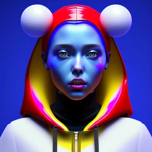 Ukrainian woman, rounded face, bubble gum, heavily made up, blue, yellow, hoodie, feathers, retro, latex, leather, soft color, highly detailed, art stations, concept art, smooth, unreal engine 5, god rays, ray tracing, RTX, lumen lighting, ultra detail, volumetric lighting, 3d, finely drawn, high definition, high resolution, neon background.