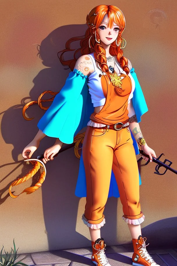 Full body of beautiful girl nami, Hair Color: Orange, Style: Wavy, Outfit Top: Blue, Outfit Bottom: Orange, Shoes: Brown, Accessories: Tangerine, Weapon: Clima-Tact, Hat: Straw, Tattoo: Pinwheel, Earrings: Hoops, sophisticated,, beautiful woman, hyper realistic, hyperrealism, photoreal, realistic, photorealistic, soft pastels, full-body, standing, long shot, wide angle, aesthetic