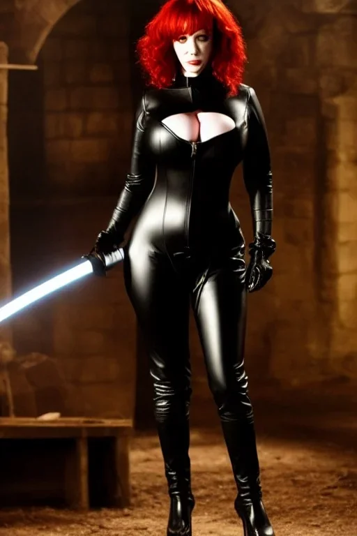 Christina Hendricks dressed in black leather catsuit, with a whip in her hand, inside a dungeon, busty, cleavage, angry, stern look, volumetric lighting, particales,highly detailed,cinematic, deep colours,8