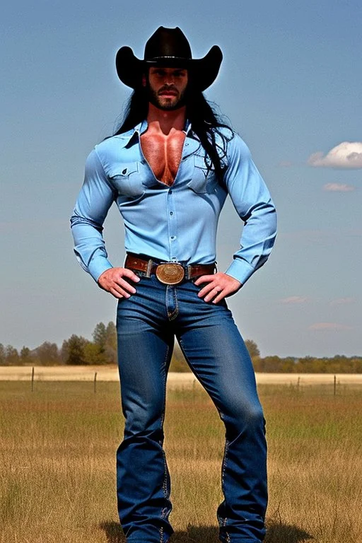 A very muscular man with long black hair, blue eyes, wearing a cowboy shirt and blue jeans