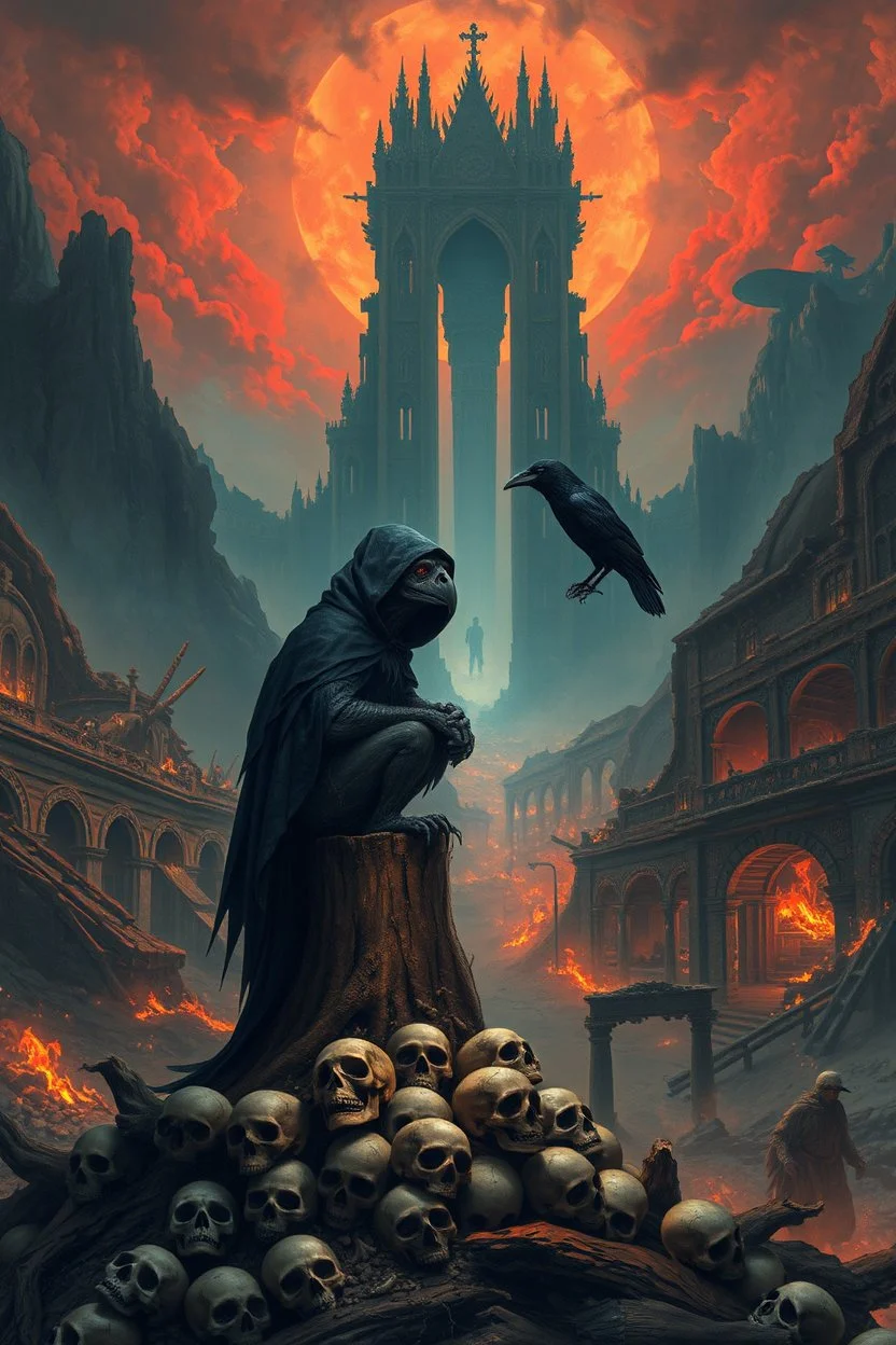 a weird bird-man creature in dark hooded and hat sitting on top of a tree stump, pile of skulls under his feet, under in valley a ruins city with fires and ash and bones, dark deep colors, style by Vincent Lefevre, El Kazovszkij, and Lovecraft , black raven sitting on his shoulder, dark dream of the end the world, in the background floating a tall dark magic gate into after-life, surreal weird art, cinematic