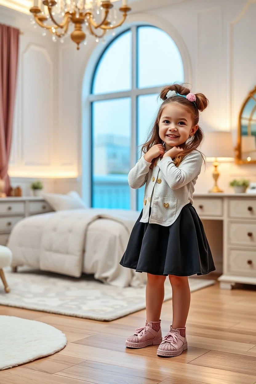 a 6 years old girl in modern clothing and makeup standing pose with cute and joy with pertty shoes in a very large luxury baby bedroom