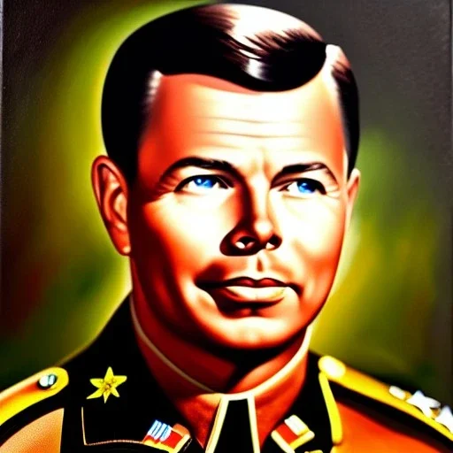 Ultra detailed fullbody Portrait in oil on canvas of Audie Murphy with armor,helmet,extremely detailed digital painting,ultrarealistic skin,intense stare, extremely detailed face, crystal clear eyes, mystical colors ,perfectly centered image, perfect composition, rim light, beautiful lighting,masterpiece ,8k, stunning scene, raytracing, anatomically correct, in the style of Simon Bisley and Ohrai Noriyoshi and robert e howard and Steve Jung and Wizyakuza and uncannyknack.