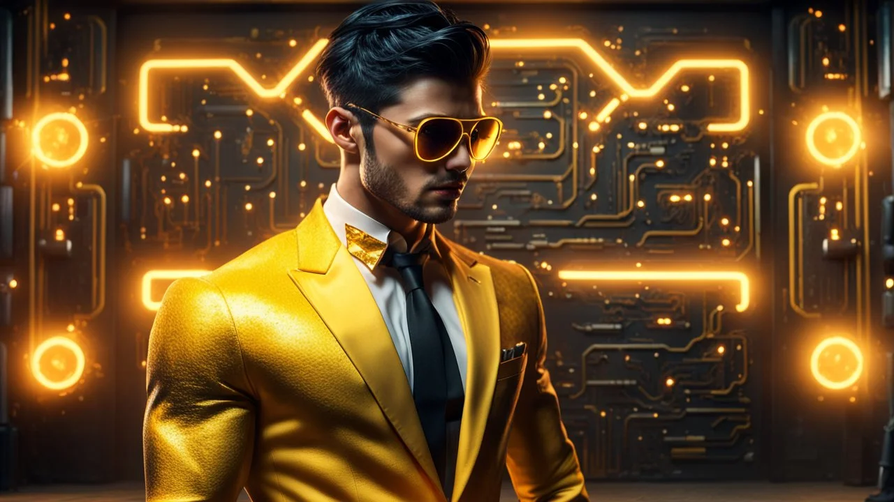 Hyper Realistic handsome muscular Electric-Superhero with short-black-hair wearing long-fancy-yellow-tuxedo & fancy-sunglasses in a dark-rustic-circuit-room with electric-sparks-&-rays & a massive circuit-board-wall with-glowing-embers showing dramatic & cinematic ambiance.