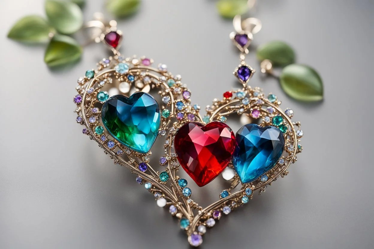 Coloured glass heart earring set with gemstones, glittering metal stems and gemstone leaves sharp focus elegant extremely detailed intricate very attractive beautiful dynamic lighting fantastic view crisp quality exquisite detail gems and jewels S<AI in sunshine Weight:1 Professional photography, bokeh, natural lighting, canon lens, shot on dslr 64 megapixels sharp focus Weight:0.9