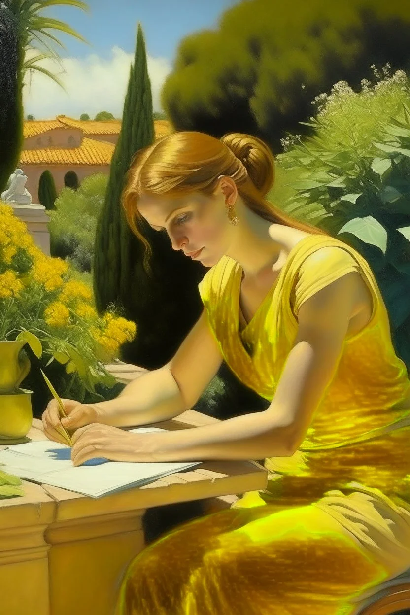 Neoclassicism woman working in the garden painting yellow realistic cote d'azur