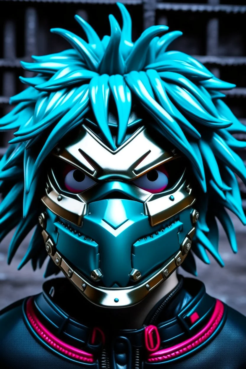 Create a metal mask similar to the one Izumi Midoriya wears in My Hero Academia, but have it extend to cover the full face. It should be gunmetal gray color and have symmetrical holes over the mouth area that glow slightly red.