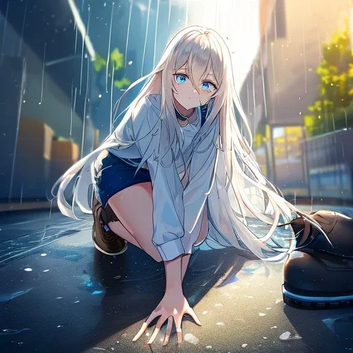 Clear focus, High resolution, Rough line, white long fluffy hair, hair between eyes, blue eyes, wearing a yellow jacket, wearing a white shirt, wearing a blue short skirt with a white line near the bottom, wearing black long socks and brown shoes, raining, Teen face and beatiful chin