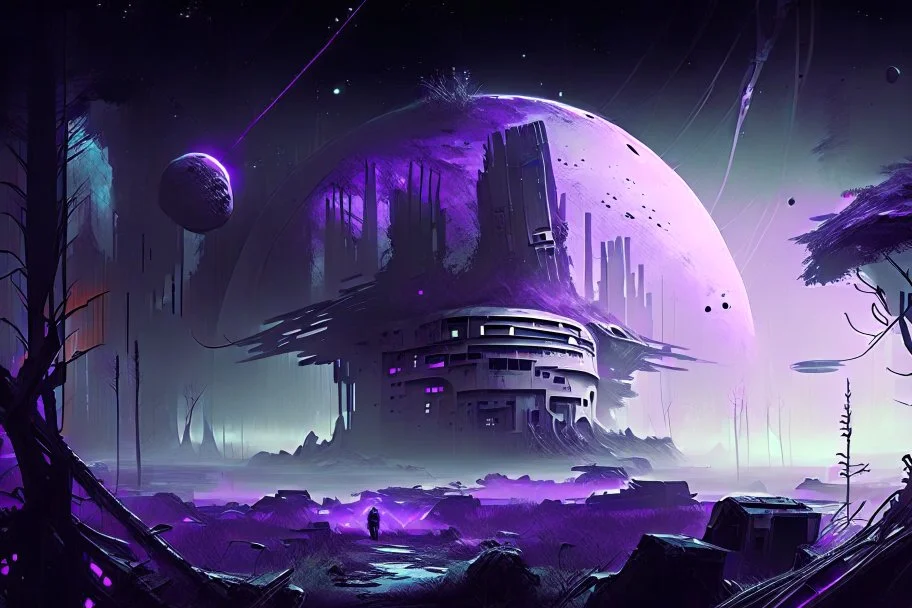 Futuristic Settlement, White Building, Alien Planet, Corrupted Forest, Dense Purple Fog, Dead Soil, Black Night Sky, Stars, Space, Distant Planets