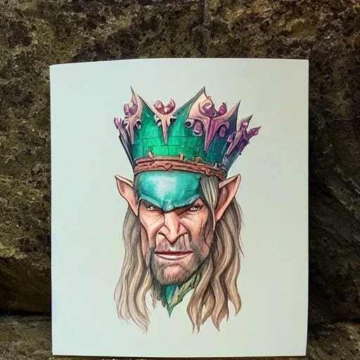 dungeons and dragons, fantasy, goblin, king, green skin, watercolour, distinct face, portrait, head, crude crown