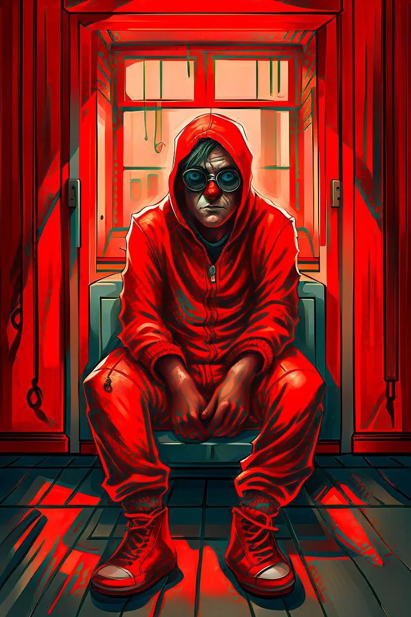 A scary gothic person sits quietly in the middle of a soundproof, padded room conveying intense dramatic emotions in a muted environment, wearing a red restraint jacket with arms inside, a mask to cover the mouth area of cannibal evil scary, dark and gothic look, cold eyes, eary ultra detailed,.32k, digital art style with messy paint, hardened sealer appearance, impasto, dramatic Arial view with explosive chaotic background