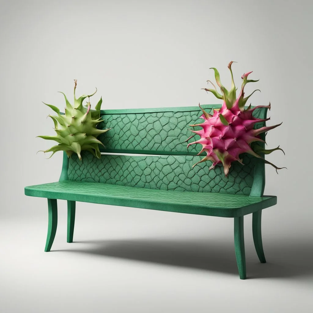 A bench in the colors of the dragon fruit with green on a light background to remove