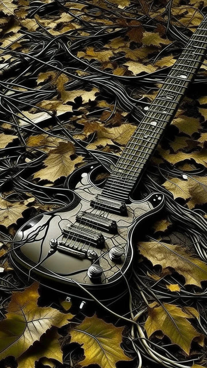 black vein, human veins, mixing together a lot of them, like a forest, big and small veins a lot of them, a guitar is on the floor covered leaves